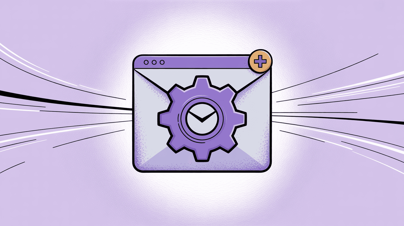Yahoo Mail settings interface with purple branding, gear icon, envelope panel, and plus badge indicating paid account requirement